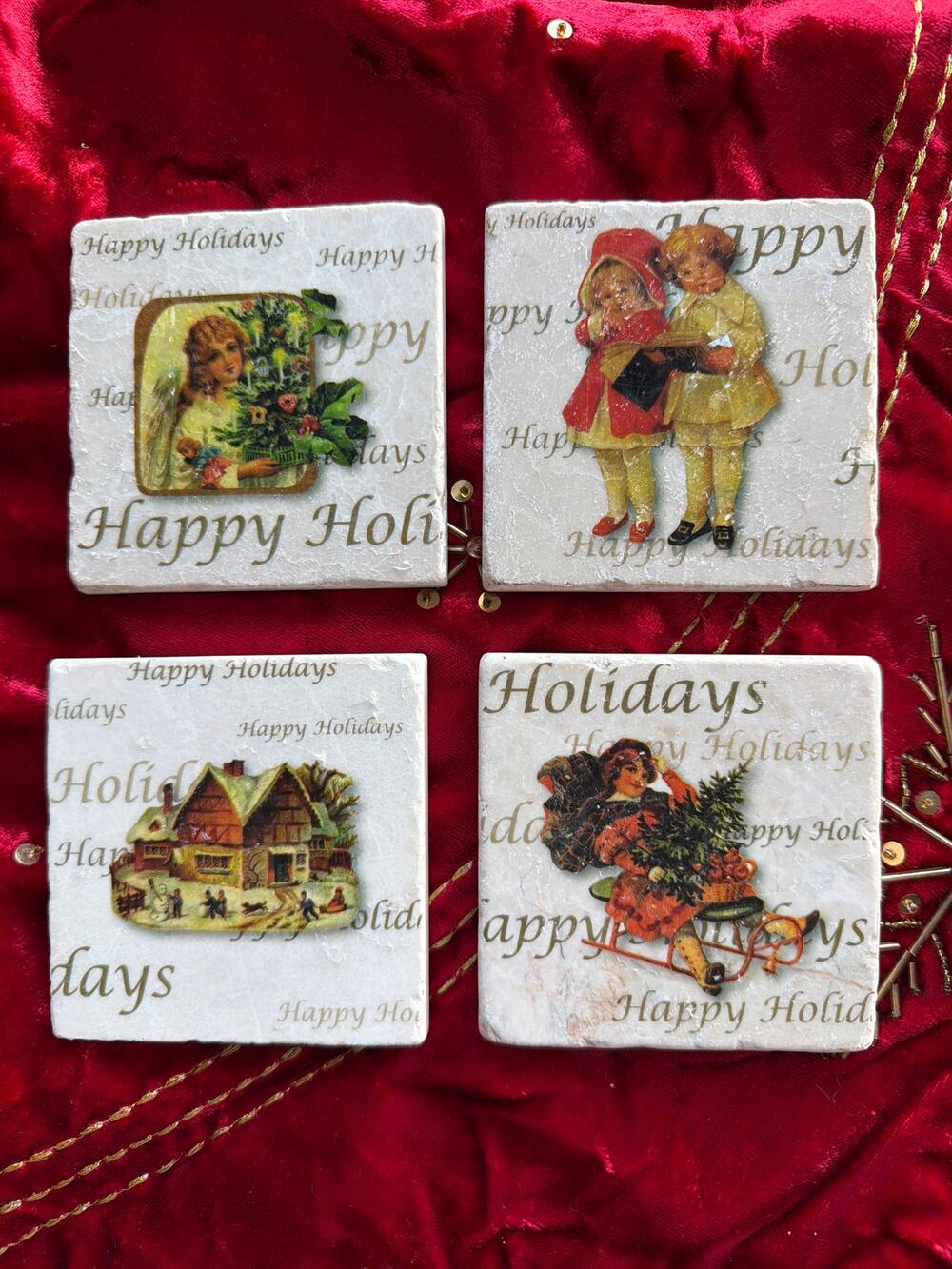 Studio Vertu Handmade Victorian Vintage Christmas 4” Coaster Set Made USA Gift